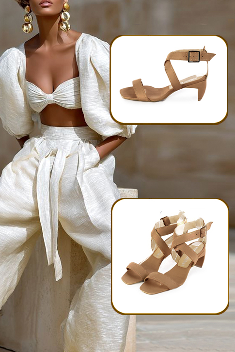 Women's camel beige elegant fully open cross straps sandals. Square toe. Medium comma heels - Top view